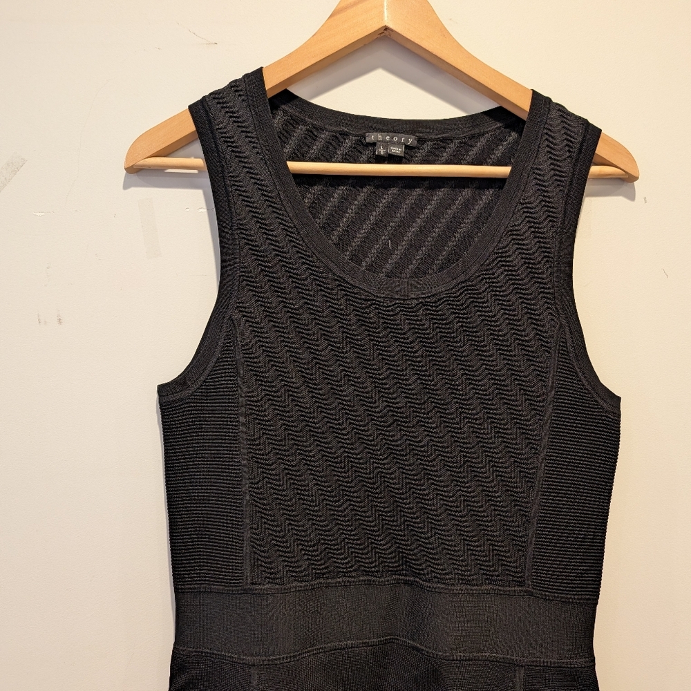 Theory Sleeveless Little Black Textured Midi Dress Sz L Office Workwear Business - Picture 2 of 7